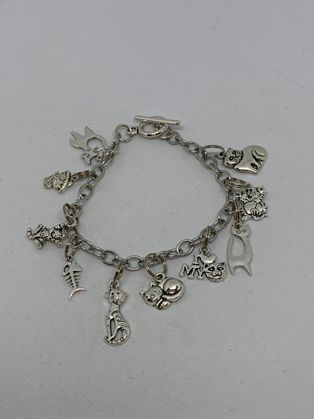 Whimsical Silvertone Cat Themed Charm Bracelet Pet Lover Gift