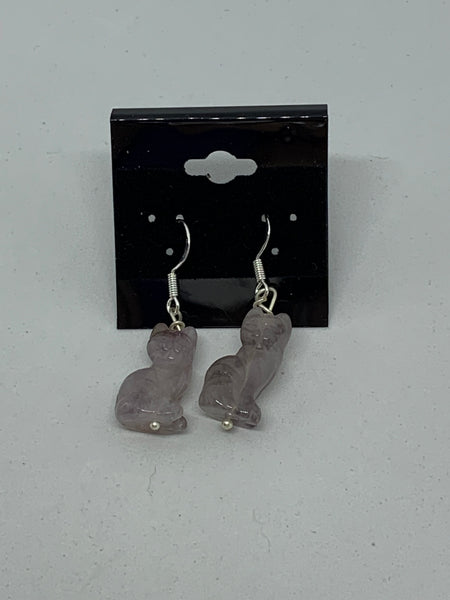 Natural Amethyst Gemstone Carved Sitting Cat Sterling Silver Dangle Earrings