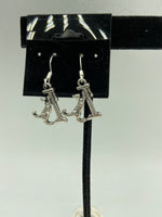 Silvertone Cat Scratching Charm Dangle Earrings with Sterling Silver Hooks