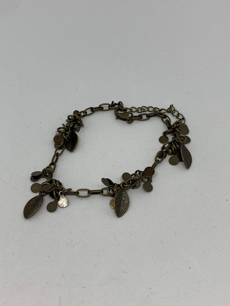Dainty Antique Brass Leaf and Circles Adjustable Charm Bracelet