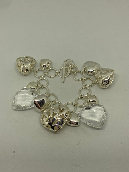 Silver and Clear Acrylic Hearts Statement Toggle Charm Bracelet