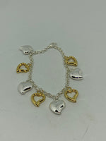 Silver Puffed and Gold Open Hearts Two Tone Charm Bracelet