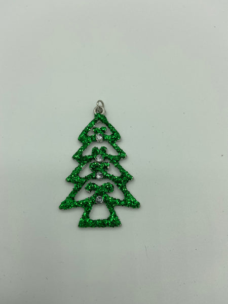 Silver Christmas Tree Pendant with Green Glitter and Clear CZ Stones