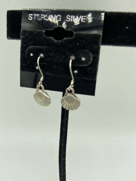 Silvertone seashell charm dangle earrings with sterling silver hooks