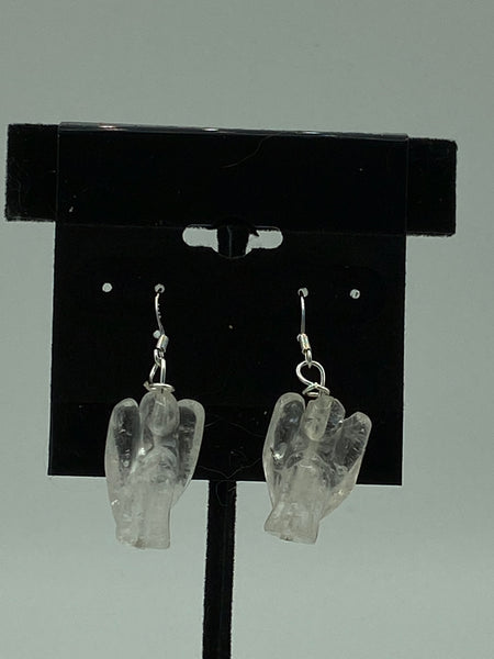 Natural Clear Quartz Bemstone Carved Angel Sterling Silver Dangle Earrings