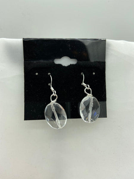 Natural Clear Quartz Bemstone Faceted Oval Sterling Silver Dangle Earrings