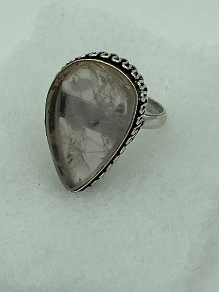 Natural Clear Quartz Gemstone Teardrop Sterling Silver Adjustable Ring