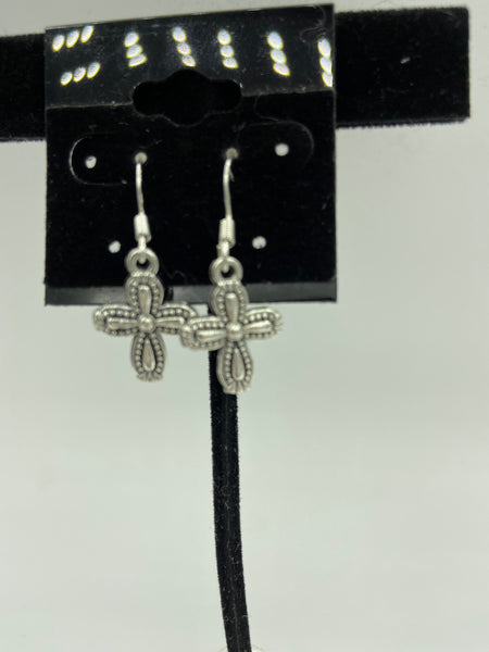 Silvertone Cross Charm Dangle Earrings with Sterling Silver Hooks