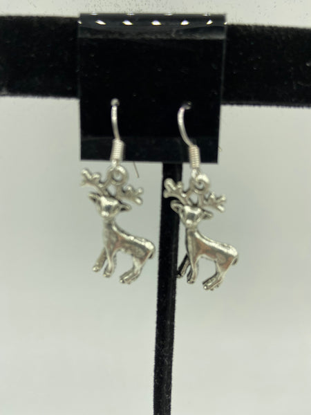 Silvertone 3D Deer Charm Dangle Earrings with Sterling Silver Hooks