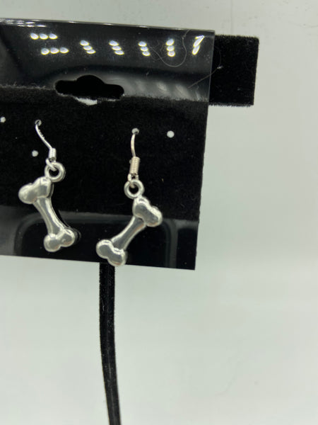 silvertone dog bone charm dangle earrings with sterling silver hooks