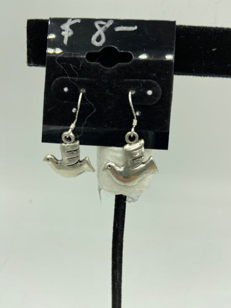 Silvertone Dove Charm Dangle Earrings with Silvertone or Sterling Silver Hooks