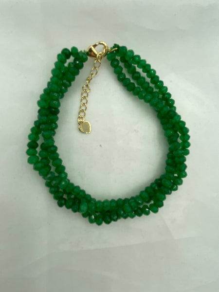 Natural Emerald Gemstone Rondelle 3 Strand Twisted Beaded Bracelet