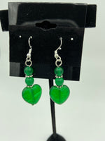 Natural Emerald Gemstone Round and Heart Beaded Sterling Silver Dangle Earrings