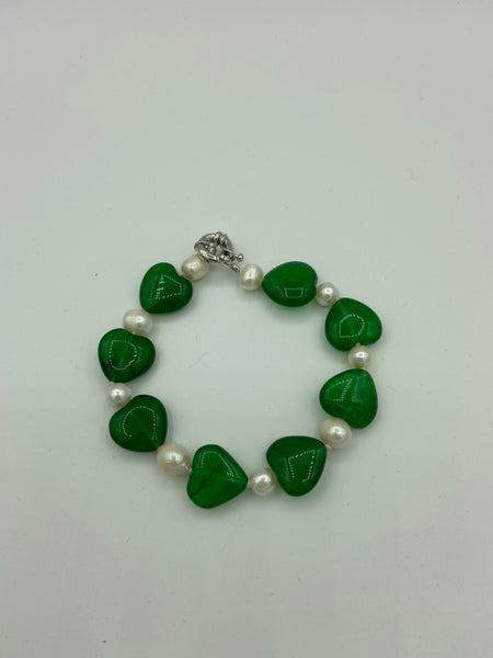 Natural Emerald and Pearl Gemstone Heart Beaded Bracelet