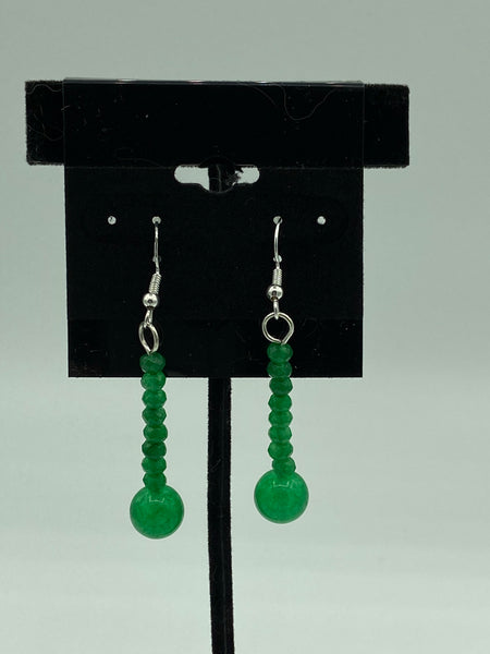 Natural Emerald Gemstone Rondelle and Round Beaded Sterling Silver Earrings