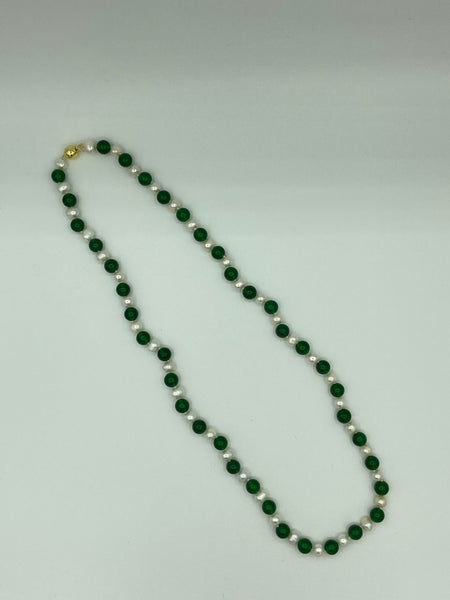 Natural Emerald and Pearl Gemstone Round Long Beaded Necklace
