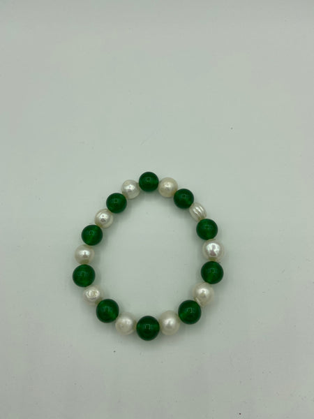 Natural Emerald and Pearl Gemstone Round Beaded Stretch Bracelet