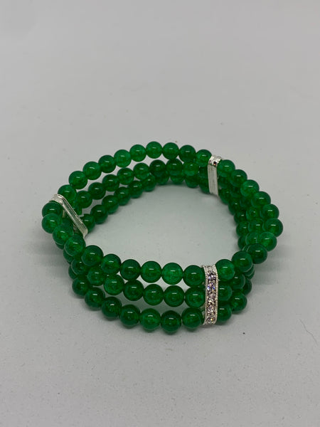 Natural Emerald Gemstone and Silver 3 Row Beaded Stretch Bracelet