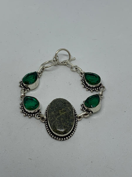 Natural Enjolyte and Emerald Gemstone Sterling Silver Adjustable Bracelet