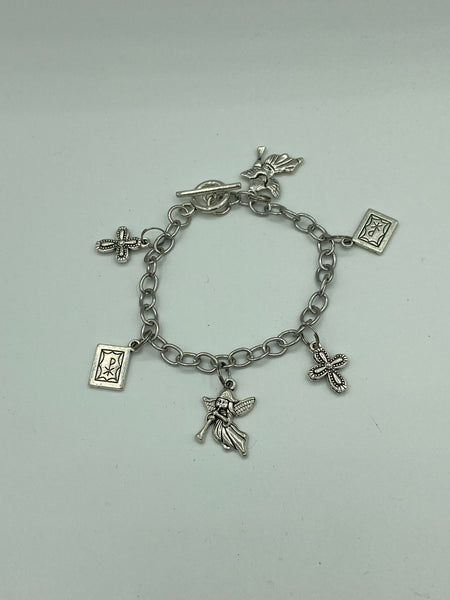 Silver Bible, Cross, and Angel Charm Bracelet Religious Gift