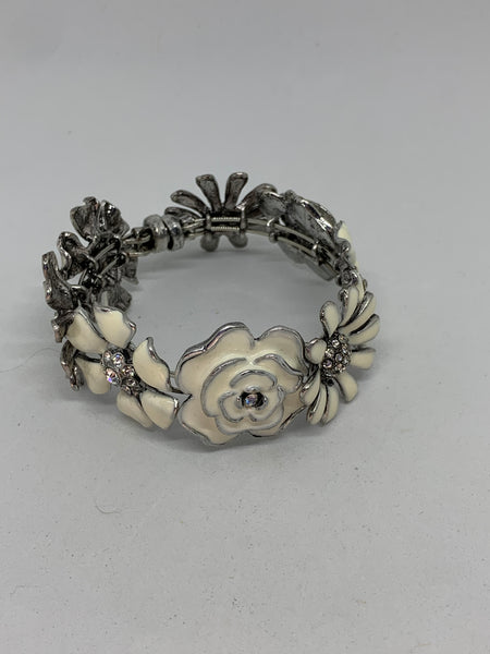 Silver and White Enamel Flowers Bangle Bracelet with Magnetic Clasp