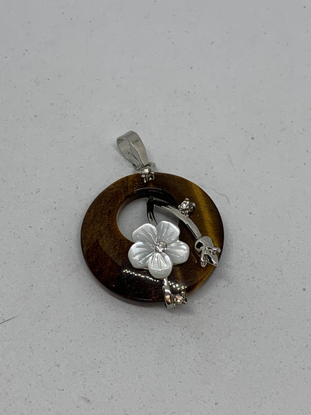 Natural Tiger Eye Gemstone Disk with Shell Flower Pendant