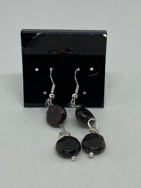 Natural Garnet Gemstone Disks Beaded Sterling Silver Dangle Earrings