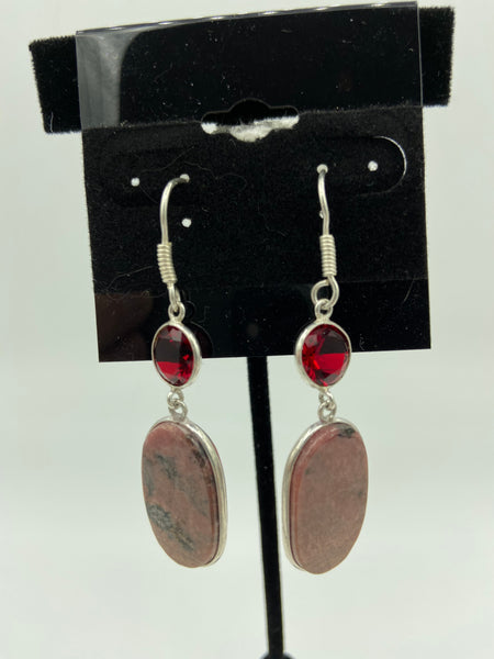 Natural Garnet and Rodonite Gemstone Sterling Silver Dangle Earrings