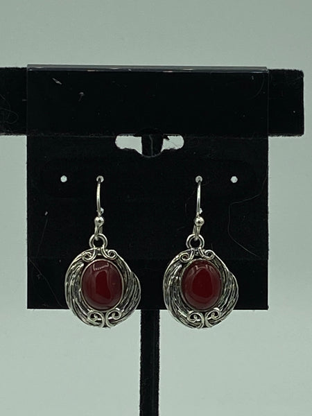 Natural Garnet Gemstone Oval Cabochon Sterling Silver Dangle Earrings