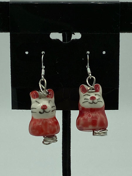 Cute Red Ceramic 3D Bunny Rabbit Sterling Silver Dangle Earrings