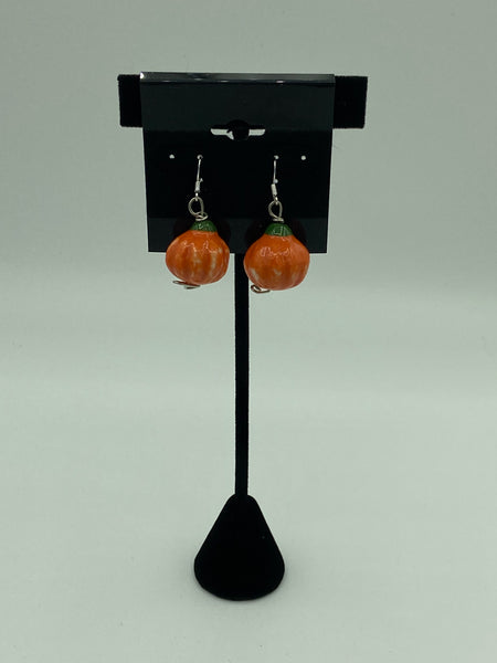Fall Halloween Lampworked Glass Pumpkin Beaded Dangle Earrings