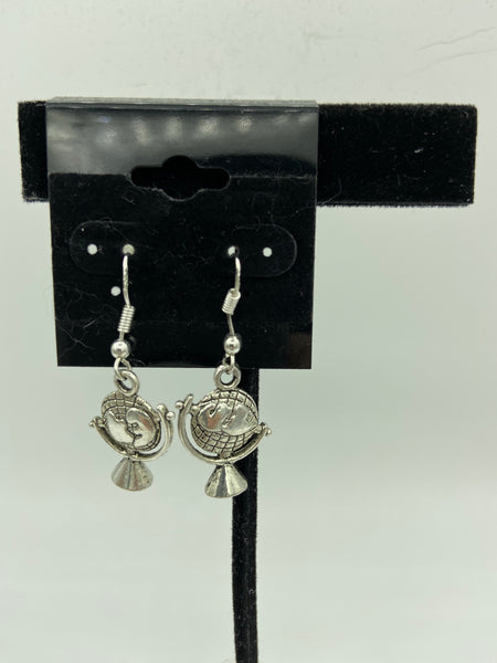 Silvertone Globe Charm Dangle Earrings with Sterling Silver Hooks