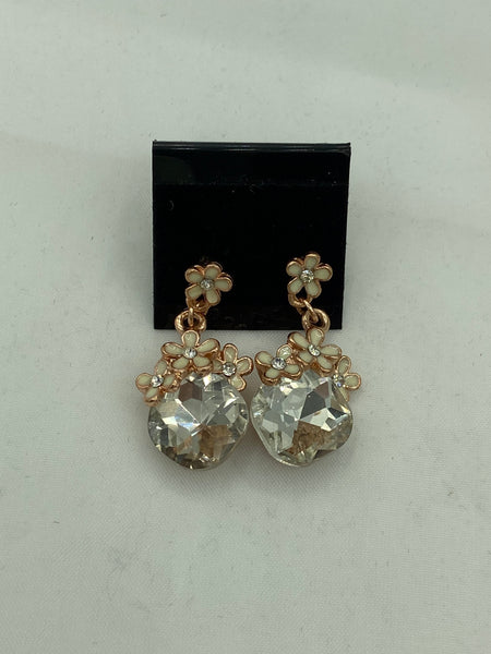 Gold Tone Flower and Clear Glass Dangle Earrings