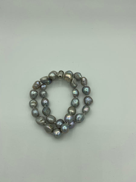 Natural Gray Baroque Pearl Double Strand Beaded Bracelet with Magnetic Clasp