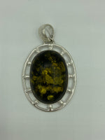 Natural Green Amber Gemstone Oval Cabochon Sterling Silver Pendant