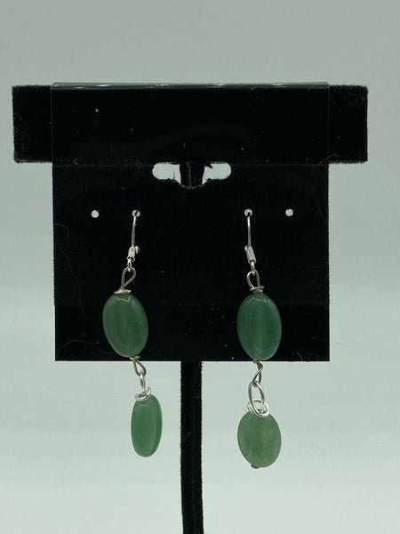 Natural Green Aventurine Gemstone Ovals Beaded Sterling Silver Dangle Earrings