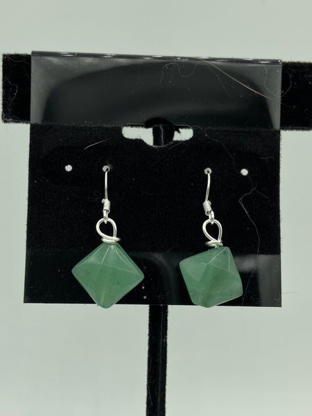 Natural Green Aventurine Gemstone Faceted Diamond Beaded SterlingSilver Earrings