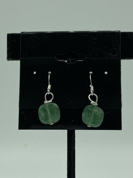 Natural Green Aventurine Gemstone Disk Beaded Sterling Silver Dangle Earrings