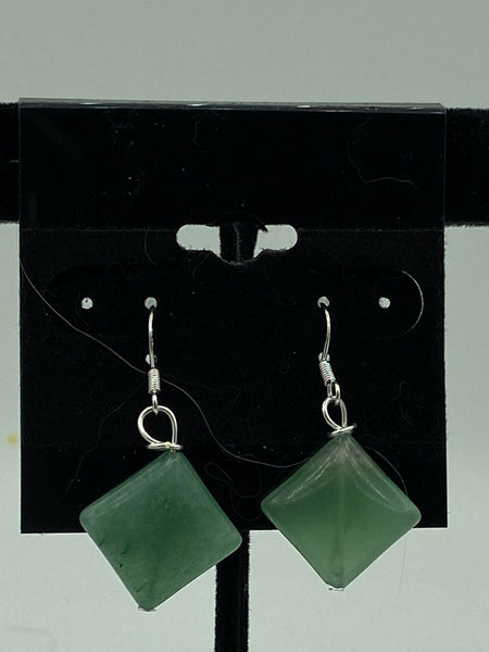 Natural Green Aventurine Gemstone Diamond Beaded Sterling Silver Dangle Earrings