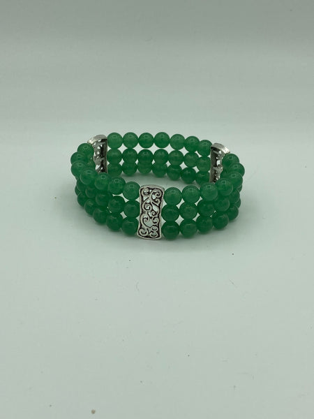 Natural Green Aventurine Gemstone Round and Silver Beaded 3 Row Stretch Bracelet