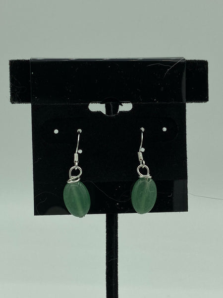 Natural Green Aventurine Gemstone Oval Beaded Sterling Silver Dangle Earrings