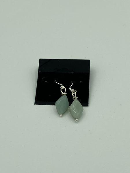 Natural Green Opal Gemstone Diamond Beaded Sterling Silver Dangle Earrings