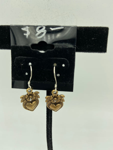 Brass Heart and Flower Charm Dangle Earrings with Sterling Silver Hooks