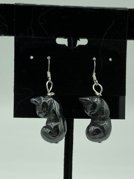 Natural Hematite Gemstone Carved 3D Sleeping Cat Sterling Silver Dangle Earrings