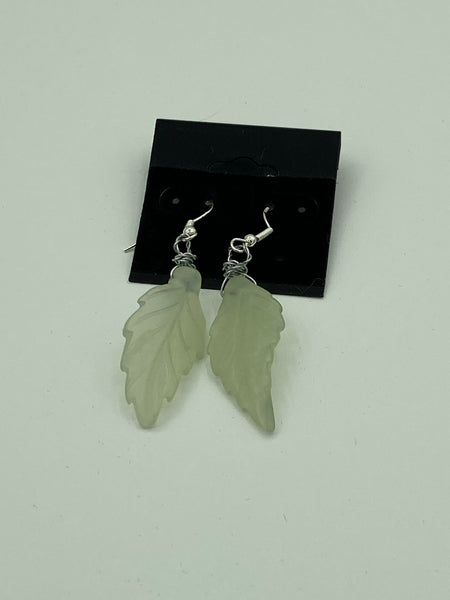 Natural Jade Gemstone Carved Leaf Sterling Silver Dangle Earrings