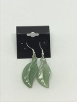 Natural Jade Gemstone Carved Leaf Sterling Silver Dangle Earrings
