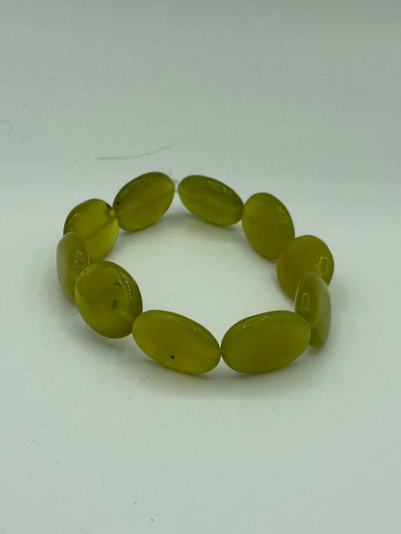 Natural Green Jade Gemstone Puffed Ovals Beaded Stretch Bracelet