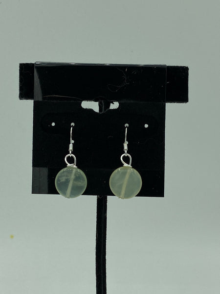 Natural Green Jade Gemstone Small Disks Beaded Sterling Silver Dangle Earrings