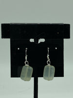 Natural Green Jade Gemstone Rectangle Beaded Sterling Silver Dangle Earrings