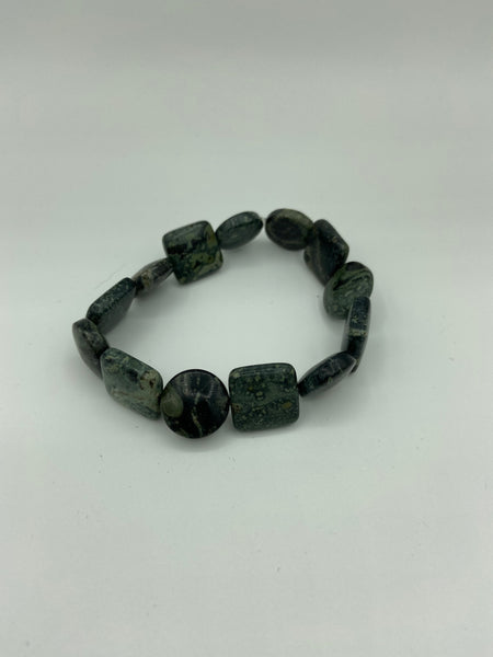 Natural Kambaba Jasper Gemstone Disk and Square Beaded Stretch Bracelet